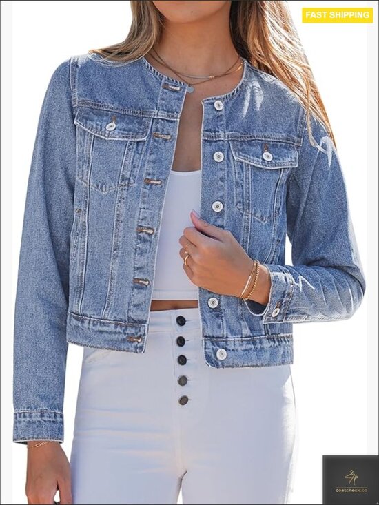 Jackets & Blazers - Collarless Denim Jacket Crew Neck Button Front Casual Western Style